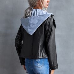 Hooded Biker Faux Leather Coat - Black,M Grey Denim Jacket, Pu Jacket, Faux Leather Coat, Leather Jacket With Hood, Patchwork Top, Faux Leather Biker Jacket, Pu Leather Jacket, Leather Jacket Style, Color Block Jacket