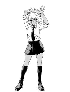 a drawing of a girl in school uniform holding her hands up to the side with one hand