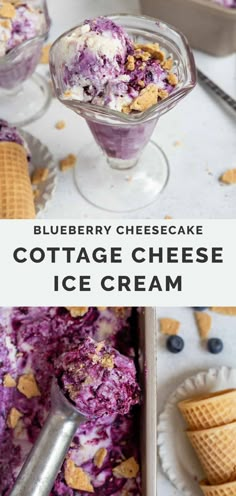 blueberry cheesecake cottage cheese ice cream in a glass dish and on a plate