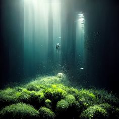 an underwater scene with green plants and grass in the foreground, light shining through the water