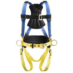 a full body harness with blue straps and yellow suspenders on the bottom, for climbing