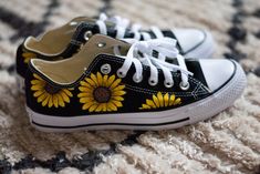 Sunflower low-top converse. Each shoe has sunflowers scattered along the shoe. There is a small red heart painted on the back. Each order takes about 3 weeks before it is ready to ship. Please choose expedited shipping when checking out if you need it sooner. Due to the nature of the order, no returns are accepted. Sunflower Board, Sunflower Converse, Sunflower Things, Sunflower Shoes, Sunflower Clothing, Sunflower Stuff, Sunflower Outfit, Small Red Heart, Sunflower Accessories