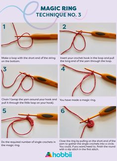 instructions on how to crochet the ring with red yarn and orange knitting needles