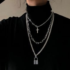 New Chain Necklaces Made Of Aluminum Alloy. Follow My Store! قلادات متدلية, Grunge Tattoo, Grunge Jewelry, Silver Cross Pendant, Multi Layer Necklace, Unisex Necklace, Long Chain Necklace, Men Jewelry, Trendy Necklaces