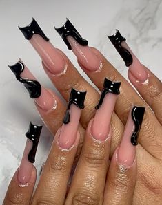 Simple But Different Nails, Nails Acrylic Square Long Black, Blush Pink And Black Nails, Black Birthday Acrylic Nails, Black French Tip Junk Nails, Stiletto Pinky And Square Nails, Nail Inspo With Black, Almond Black Nails Ideas, Short Black Nail Designs Gel