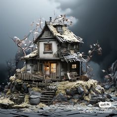 a small house sitting on top of a pile of rocks in front of a dark sky