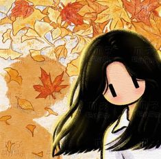 a painting of a girl with long black hair standing in front of fall leaves and trees