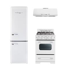 an oven, refrigerator and stove are shown against a white background