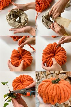 several pictures of pumpkins being made with yarn and scissors to make them look like they are