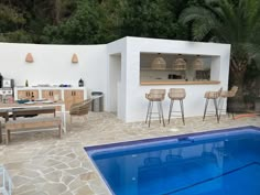 an outdoor kitchen next to a pool with bar stools and chairs around it,