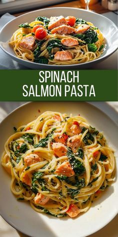 spinach and salmon pasta in a white bowl