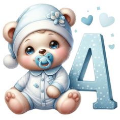 a baby bear with a blue pacifier sitting next to the letter a