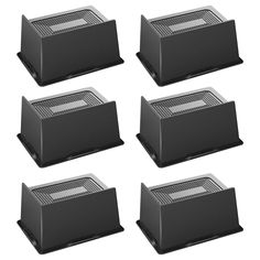 four black speakers sitting side by side on top of each other in front of a white background