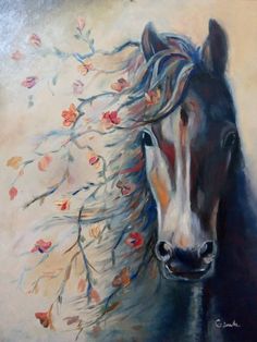 a painting of a horse's head with flowers coming out of its manes