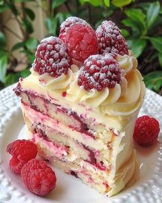 a piece of cake on a plate with raspberries