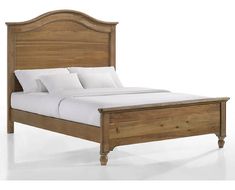 a wooden bed frame with white sheets and pillows on it, against a white background