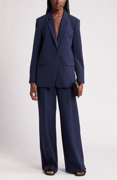 Crisp notched lapels and flap pockets lend classic detail to this smooth relaxed-fit blazer that is an essential for office looks. 28" length (size X-Small) One-button closure Notched lapels Three-button cuffs Lined 62% polyester, 33% rayon, 5% spandex Dry clean Imported Womens Navy Suit, Pant Suits For Women, Navy Blue Suit, Navy Blue Blazer, Navy Blazer, Fitted Blazer, Work Wardrobe, Designer Clothes For Men, Navy Pants