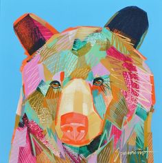 a painting of a bear made out of colored paper on a blue background with words written below it