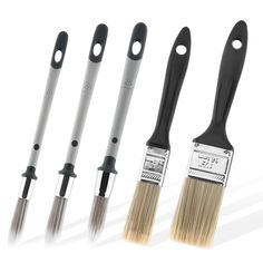 four different types of paint brushes in various sizes and colors, all with black handles