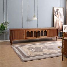 a living room scene with focus on the entertainment center and rug in the foreground