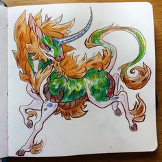 a drawing of a green and yellow dragon