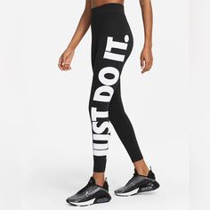 New Without Tags Nike Essential Leggings! All Black With White Graphic Lettering Down One Leg “Just Do It” Inside Waistband To Fold Over Super Soft No Cracking In Graphic Nike Leggings Women, Legging Nike, Nike Running Leggings, Polka Dot Leggings, Nike Pro Leggings, Nike High, Sportswear Leggings, Graphic Leggings, Leggings Nike