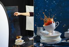 two pictures one with food and the other with water splashing out of a cup