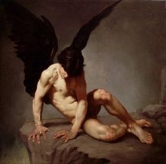 a painting of a naked man with black wings on his head and body, sitting on a rock