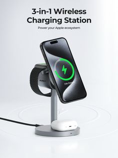 an iphone charging station with the text 3 - in - 1 wireless charging station on it