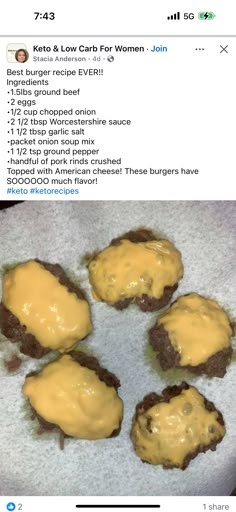 four hamburger patties covered in yellow sauce on top of a white paper towel with the words keto and low carb for women