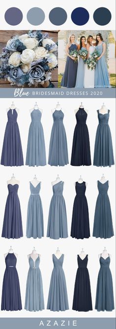 blue bridesmaid dresses in different styles and colors, with the same color scheme