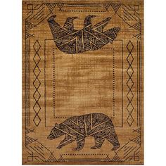 an area rug with two bears and birds on the border, one bear is in the middle