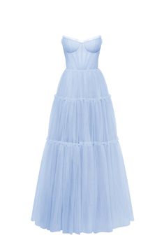 Light blue tulle maxi dress with ruffled skirt, Garden of Eden Light Blue Short Winter Dress, 2023 Light Blue Prom Dress, Blue Tulle Dress With Lined Bodice, Fitted Tulle Maxi Dress With Sweetheart Neckline, Blue Tulle Dress With Boned Bodice, Summer Ball Gown For Debutante Ball, Summer Evening Dress With Fitted Bodice In Tulle, Summer Organza Gown With Sweetheart Neckline, Spring Tulle Maxi Ball Gown