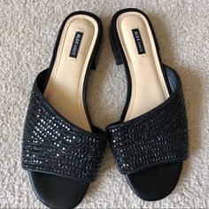 Alex Marie Black Rhinestone Studded Bling Sparkle Slippers Slides Size 8.5 New No Box Ballerina Slippers, Alex Marie, Black Slides, Rhinestone Studs, Heeled Mules, Mule Shoe, Open Toe