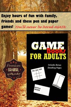 the game book for adults is on display in front of some trees and fallen leaves