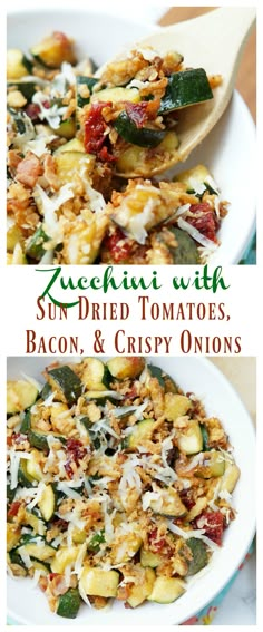 zucchini with sun dried tomatoes, bacon and crispy onions