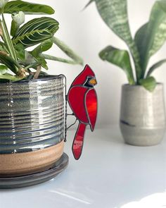 two potted plants are sitting next to each other on a white counter top, one has a red cardinal stained glass window