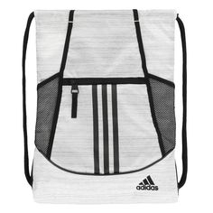 a white adidas backpack with black straps