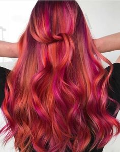 Orange And Pink Hair, Pink Orange Hair, Autumnal Hair, Red And Pink Hair, Hair Colors And Styles, Pink And Orange Hair, Vivid Hair, Dye Colors, Hair Color Pink