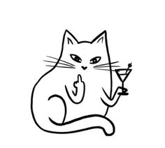 a black and white drawing of a cat holding a wine glass with the letter e on it