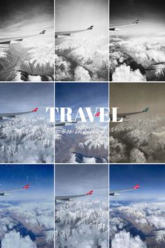 multiple images of planes flying over the clouds and mountains in different directions, with words travel on them