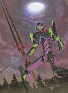 an anime character holding two swords in front of a purple sky with the moon behind him