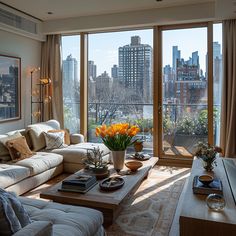 a living room filled with furniture and a large window overlooking a cityscape in the distance