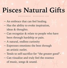 a pink background with the words pisces natural gifts written in black on it