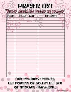 a prayer list with pink flowers on it