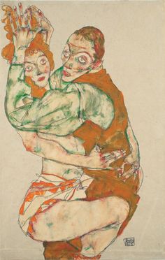 a drawing of two people holding each other in their arms and one is wearing an orange shirt