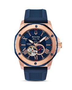 Bulova Marine Star Blue Silicone Strap Automatic Watch, 45mm Bulova Mens Watches, Bulova Watches, Star Watch, Skeleton Watches, Blue Watches, Automatic Watches For Men, Rubber Watches, Gemstone Engagement, Watches For Women