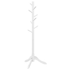 a white coat rack with five coats on it's sides and four leaves hanging from the top