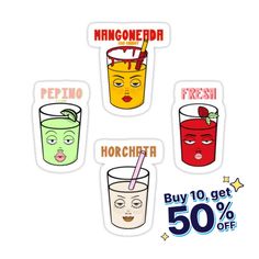 four stickers with different types of drinks and faces on the front, one has a straw