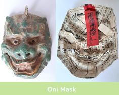 two masks made out of old sheet music and one with an origami mask on it